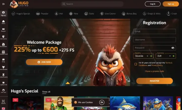 Hugo Casino domača stran na mobilnem telefonu